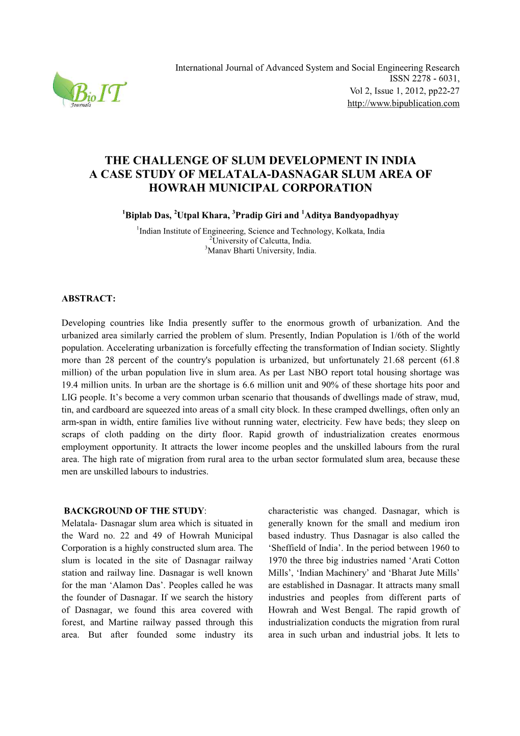 The Challenge of Slum Development in India a Case Study of Melatala-Dasnagar Slum Area of Howrah Municipal Corporation