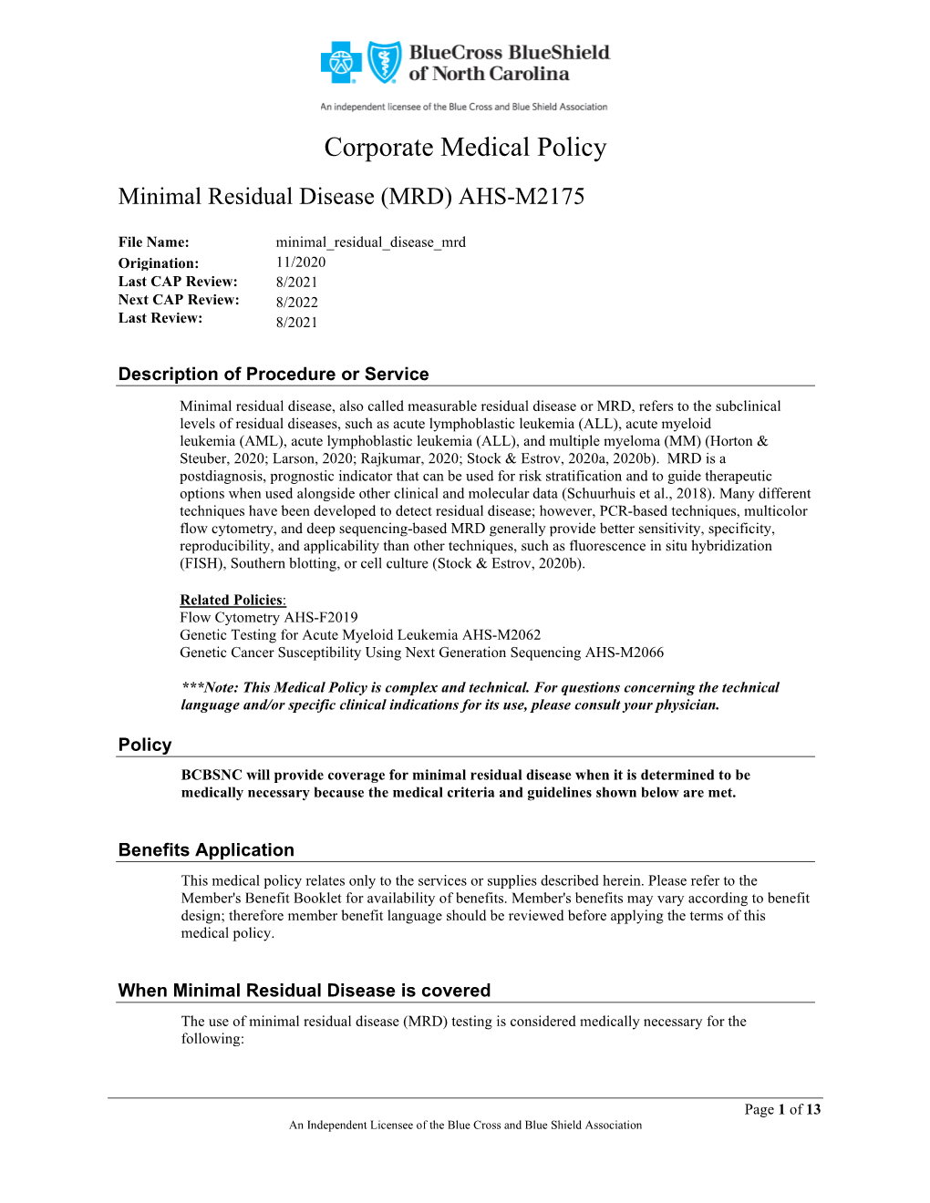 Minimal Residual Disease (MRD) AHS-M2175