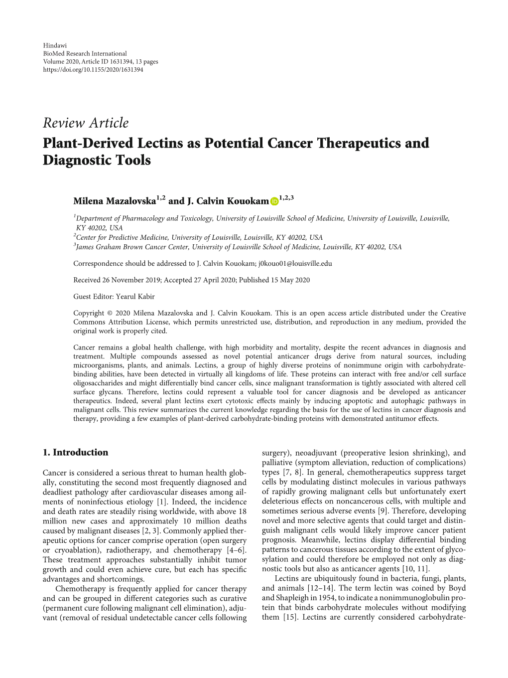 Review Article Plant-Derived Lectins As Potential Cancer Therapeutics and Diagnostic Tools