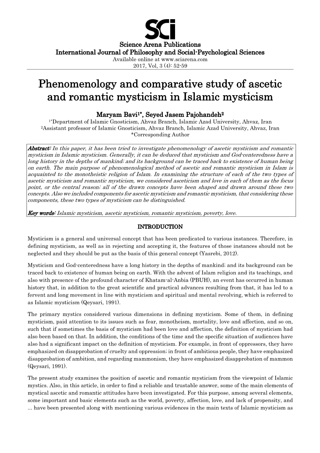 Phenomenology and Comparative Study of Ascetic and Romantic Mysticism in Islamic Mysticism