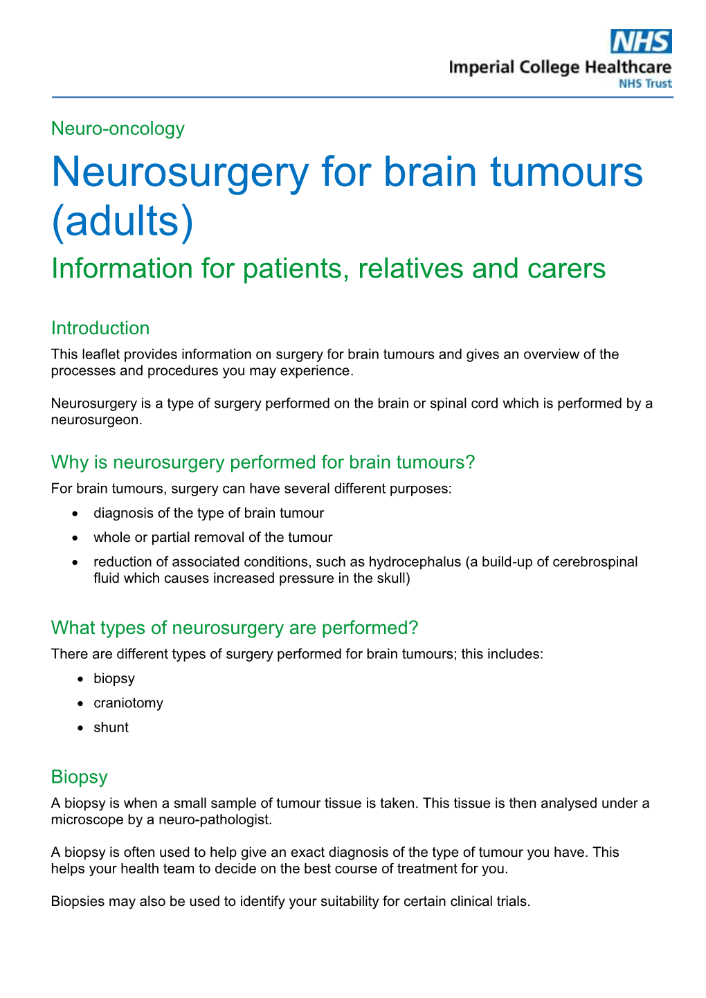 Neurosurgery for Brain Tumours (Adults) Information for Patients, Relatives and Carers