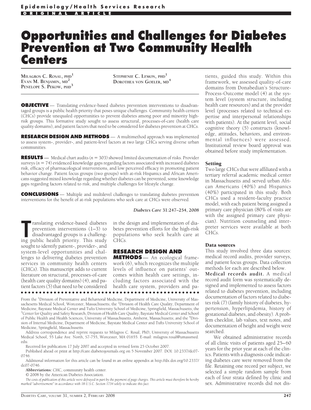 Opportunities and Challenges for Diabetes Prevention at Two Community Health Centers