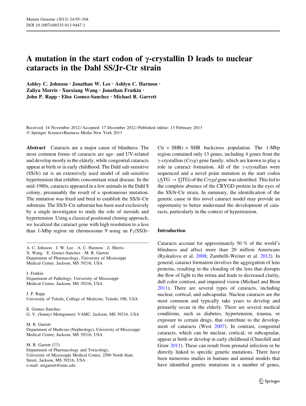 A Mutation in the Start Codon of C-Crystallin D Leads to Nuclear Cataracts in the Dahl SS/Jr-Ctr Strain