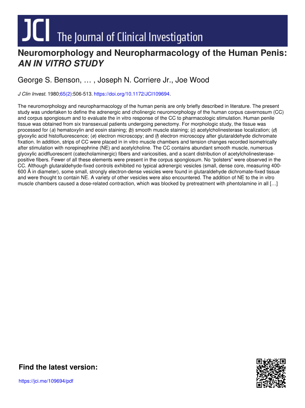 Neuromorphology and Neuropharmacology of the Human Penis: an in VITRO STUDY