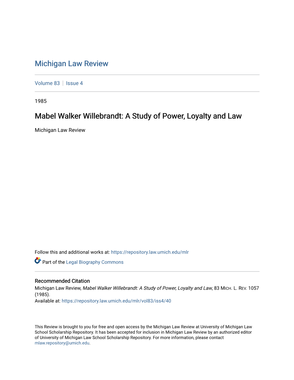 Mabel Walker Willebrandt: a Study of Power, Loyalty and Law