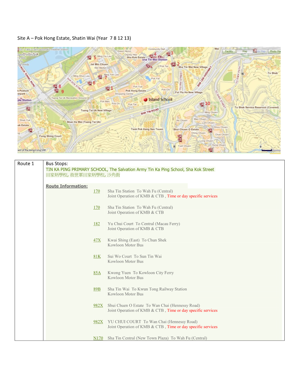 Site a – Pok Hong Estate, Shatin Wai (Year 7 8 12 13) Route 1 Bus Stops