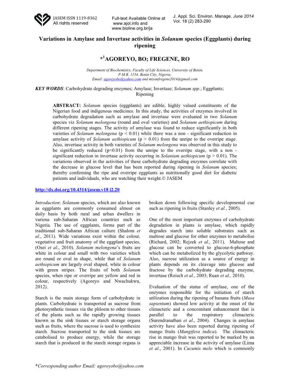 Variations in Amylase and Invertase Activities in Solanum Species (Eggplants) During Ripening