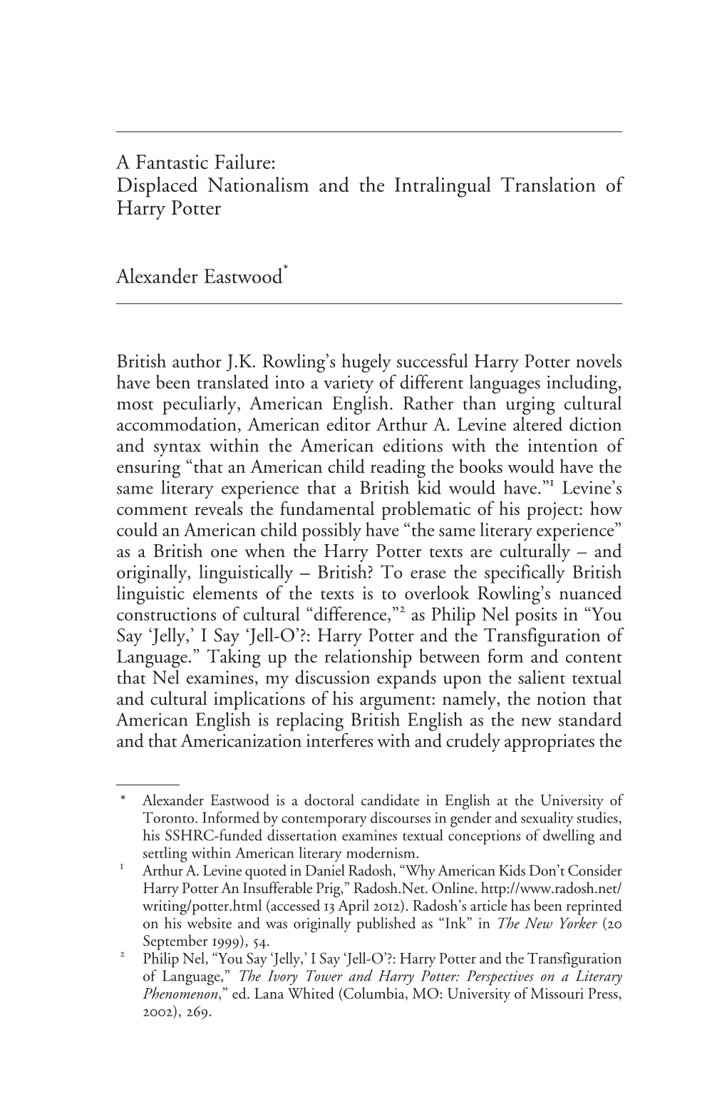 Displaced Nationalism and the Intralingual Translation of Harry Potter