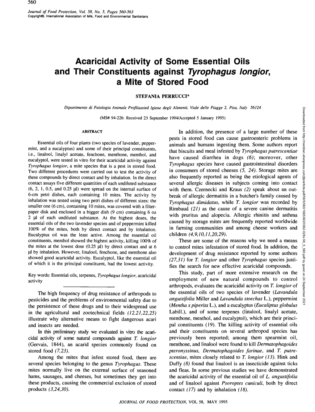 Acaricidal Activity of Some Essential Oils and Their Constituents Against Tyrophagus Longior, a Mite of Stored Food