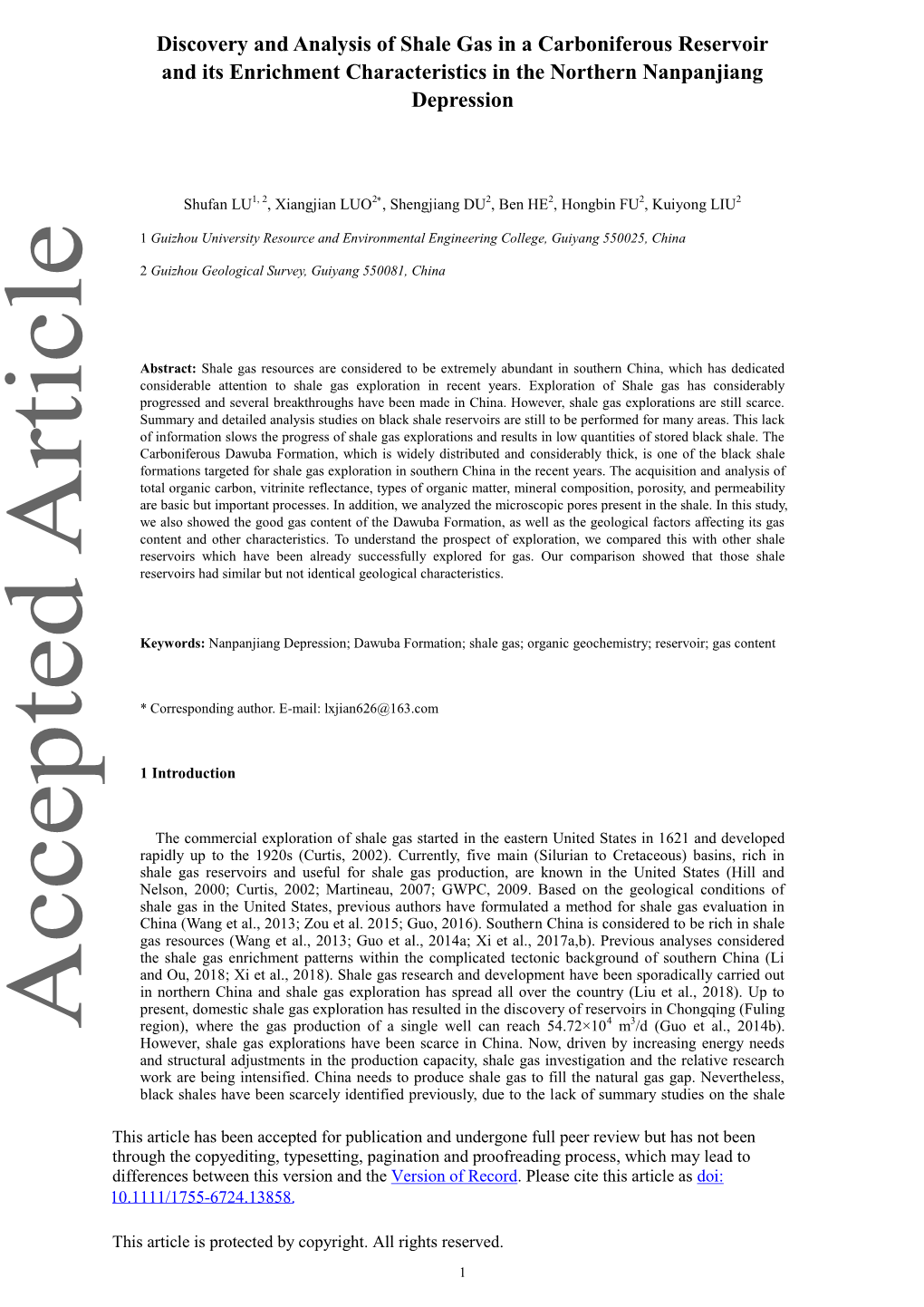 Discovery and Analysis of Shale Gas in a Carboniferous Reservoir and Its Enrichment Characteristics in the Northern Nanpanjiang Depression