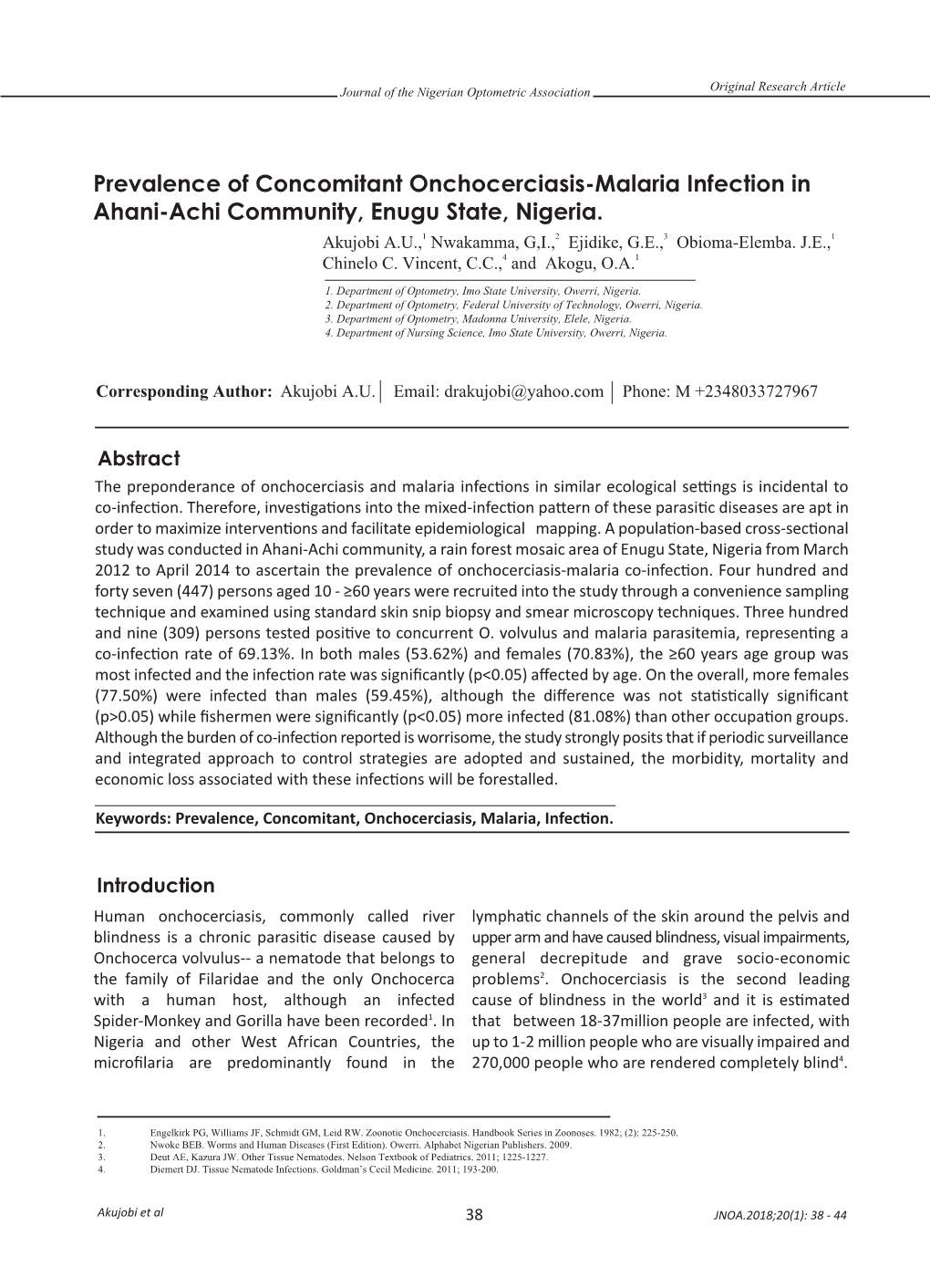 Prevalence of Concomitant Onchocerciasis-Malaria Infection in Ahani-Achi Community, Enugu State, Nigeria