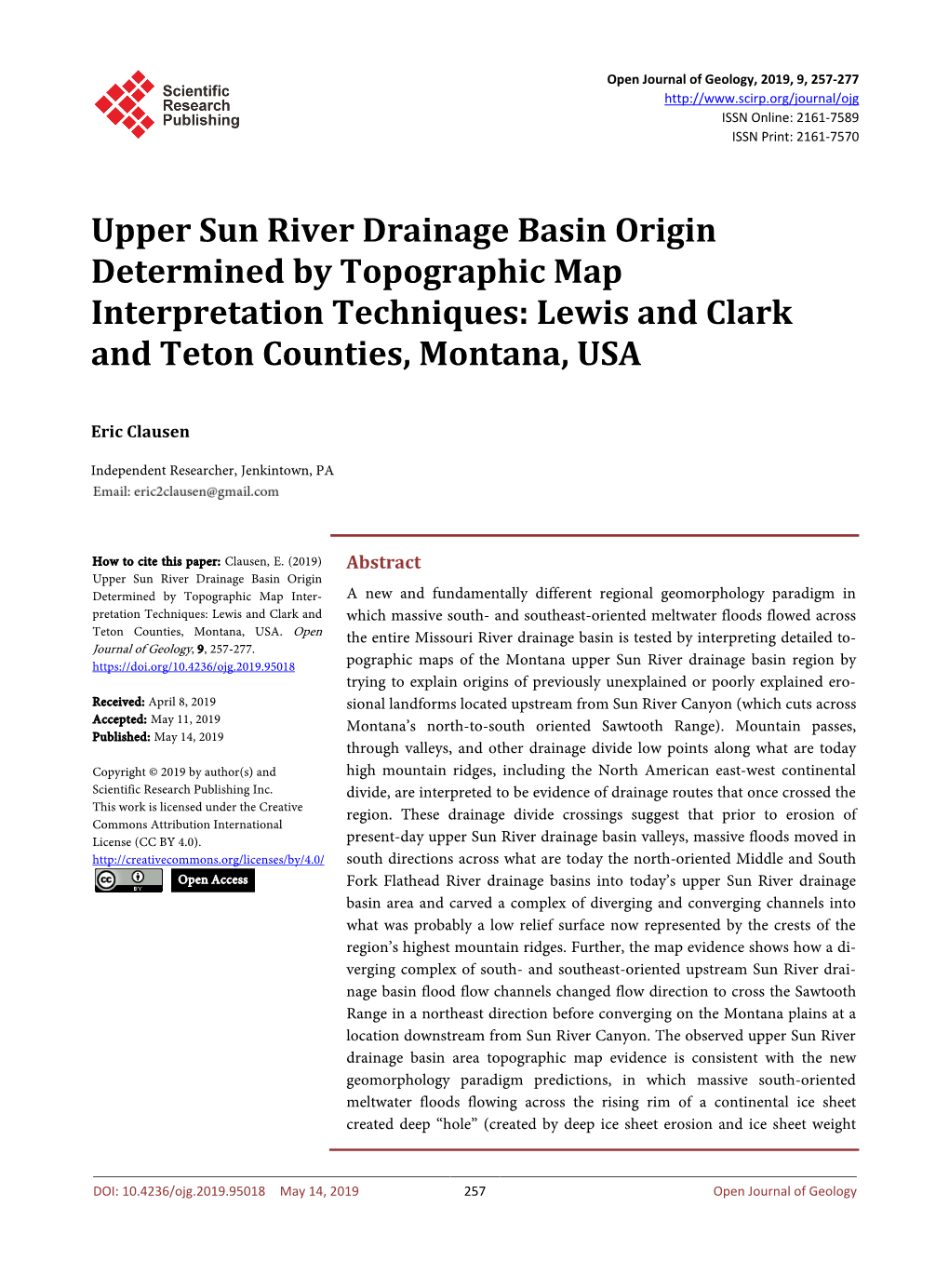 Upper Sun River Drainage Basin Origin Determined by Topographic Map Interpretation Techniques: Lewis and Clark and Teton Counties, Montana, USA