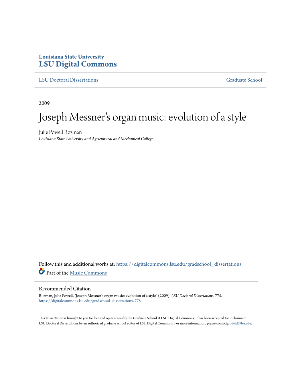 Joseph Messner's Organ Music: Evolution of a Style Julie Powell Rozman Louisiana State University and Agricultural and Mechanical College