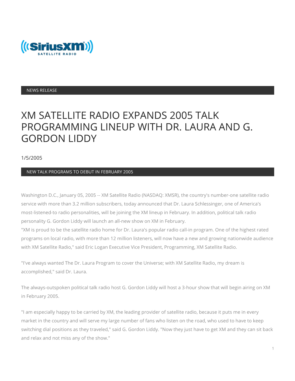 Xm Satellite Radio Expands 2005 Talk Programming Lineup with Dr