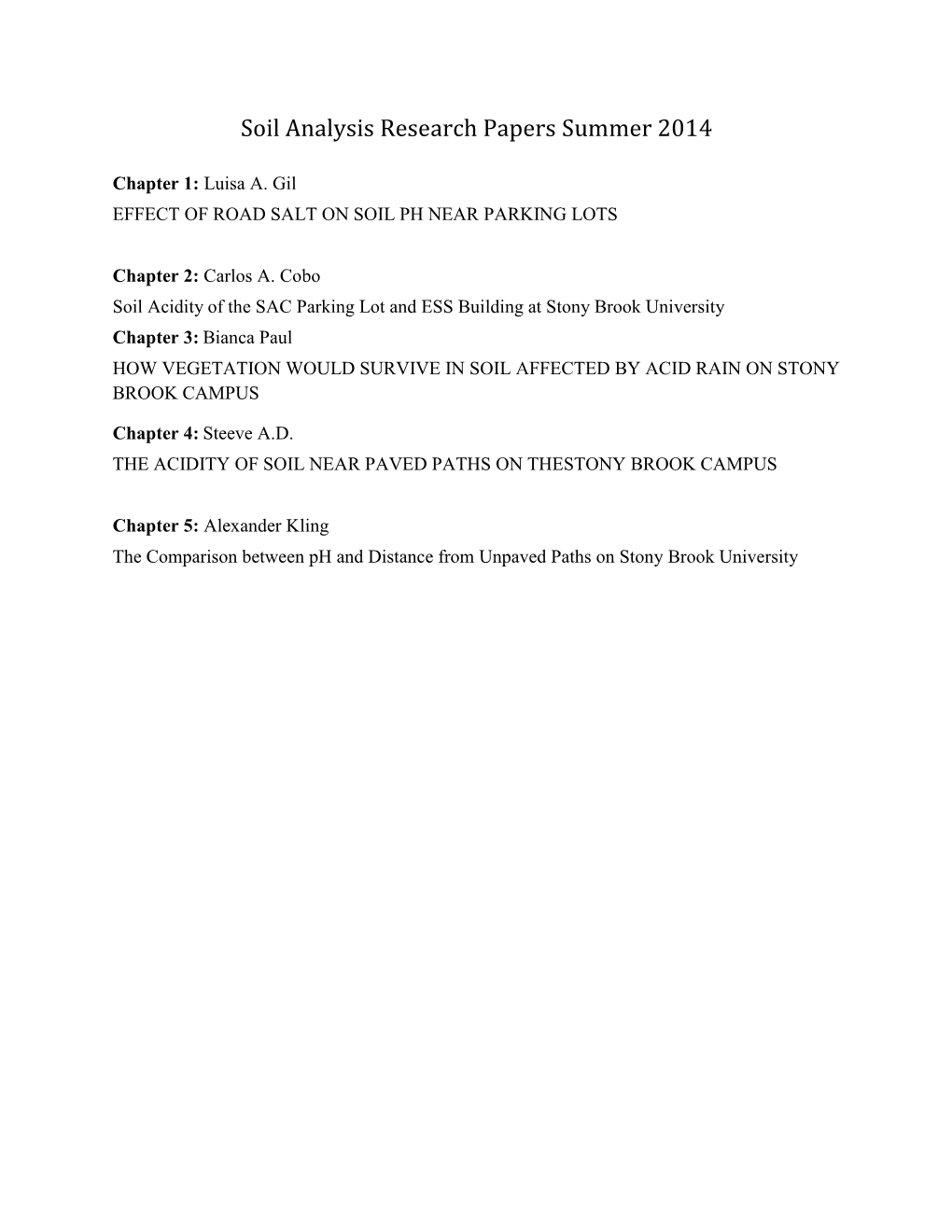 Soil Analysis Research Papers Summer 2014