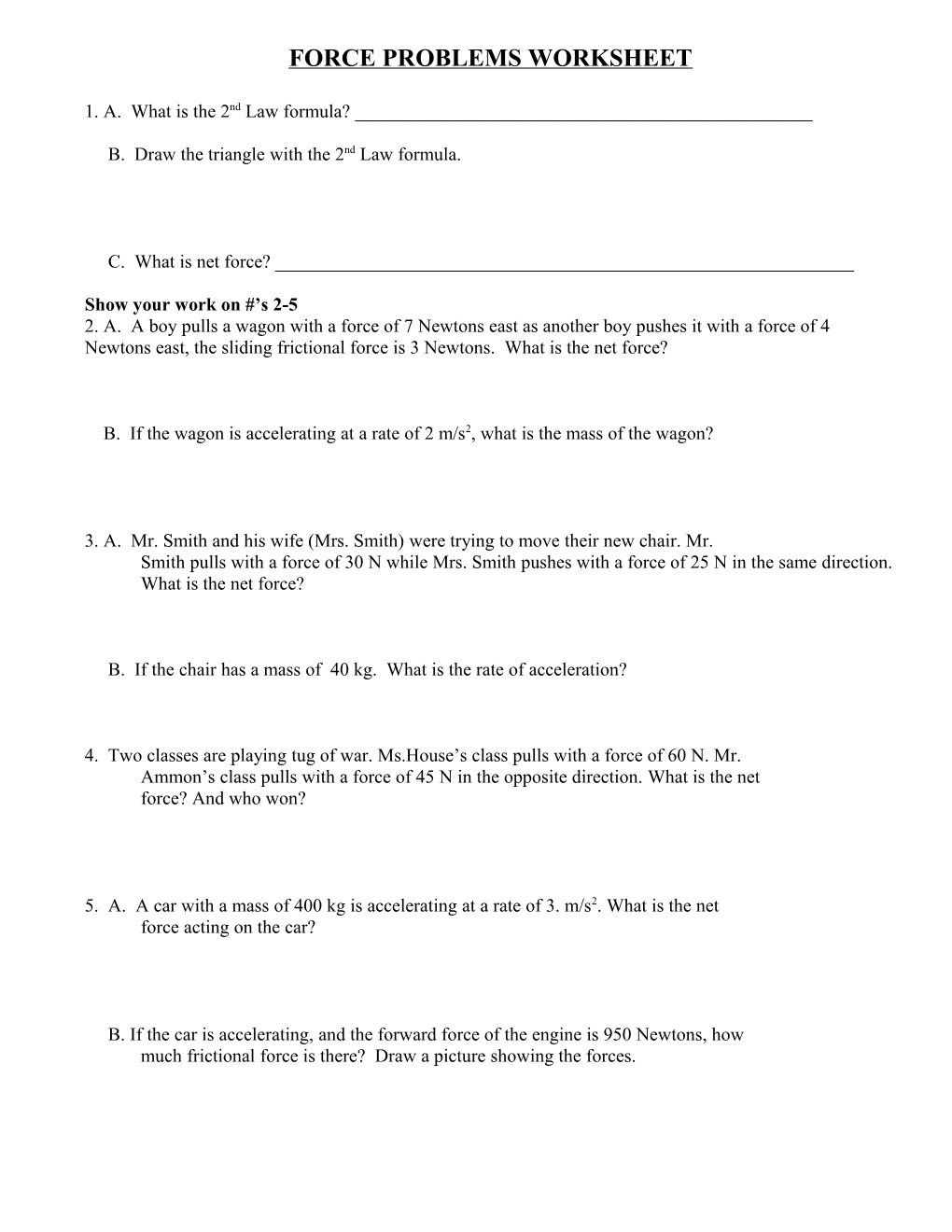 Force Problems Worksheet