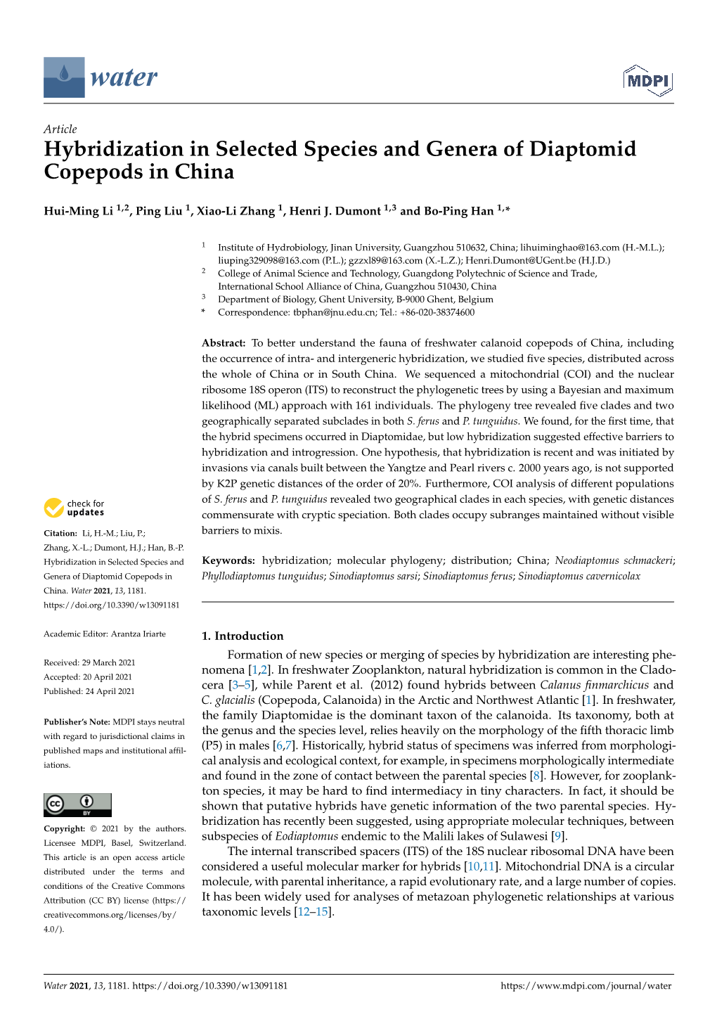 Hybridization in Selected Species and Genera of Diaptomid Copepods in China