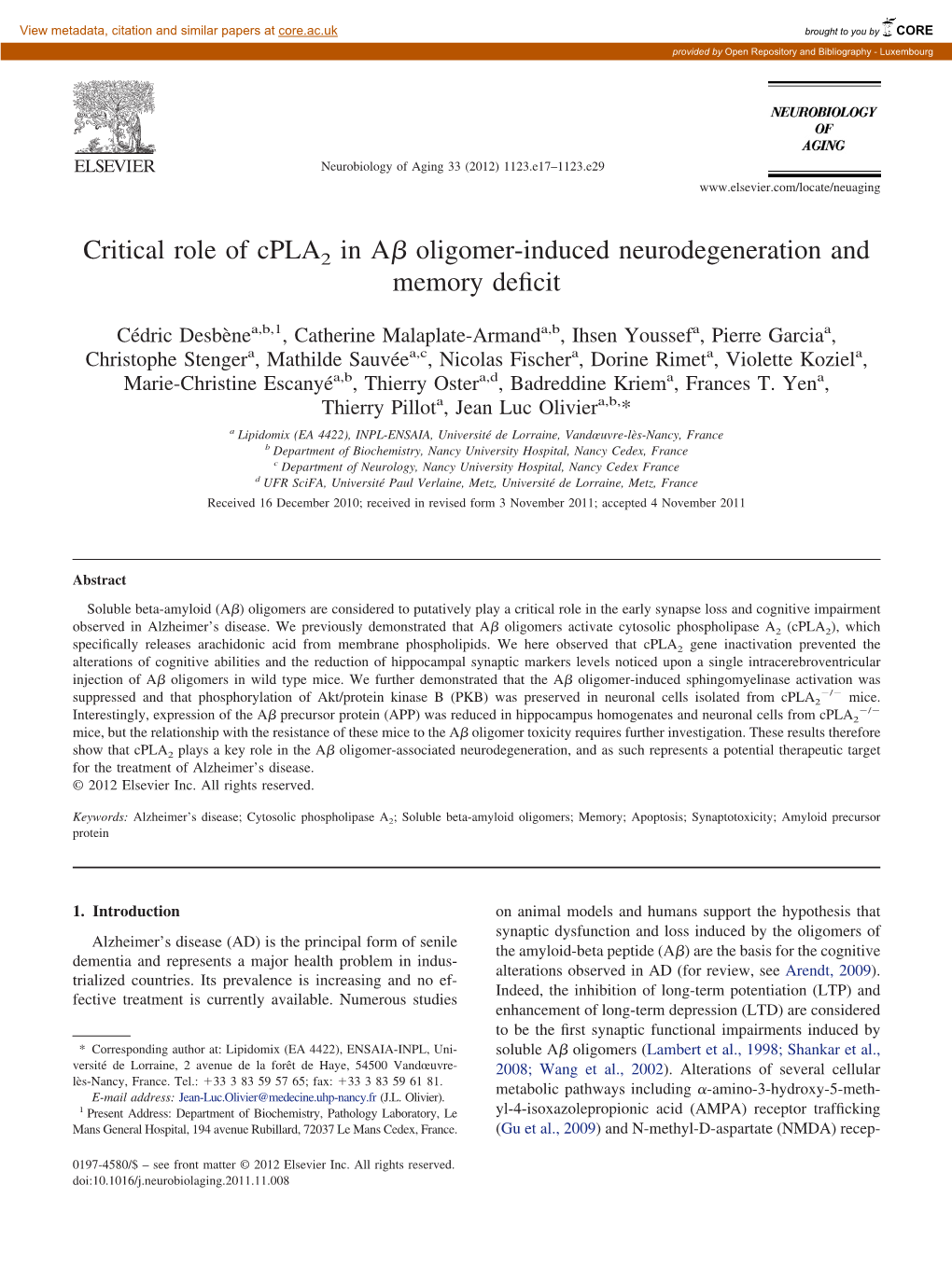 Critical Role of Cpla2 in Aß Oligomer-Induced