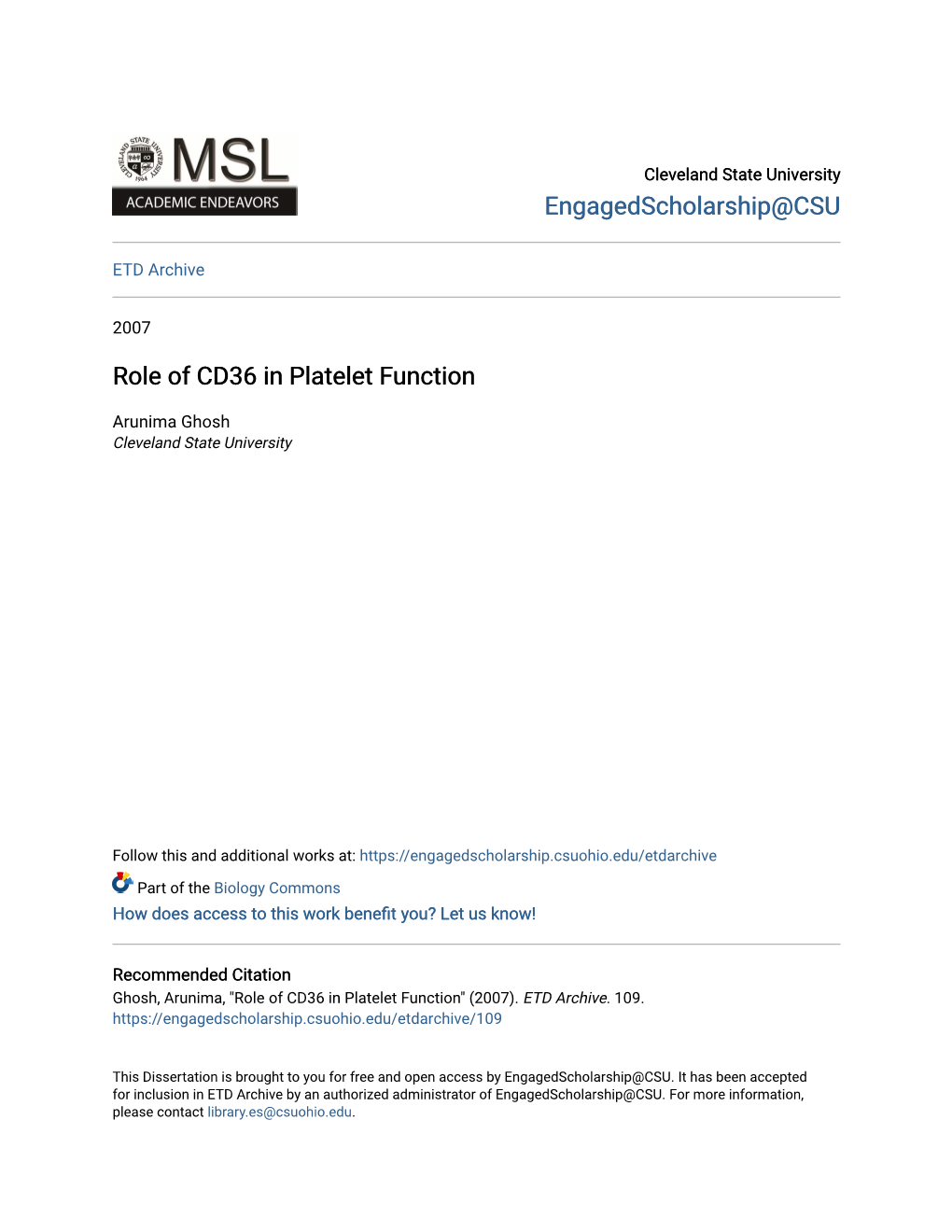 Role of CD36 in Platelet Function