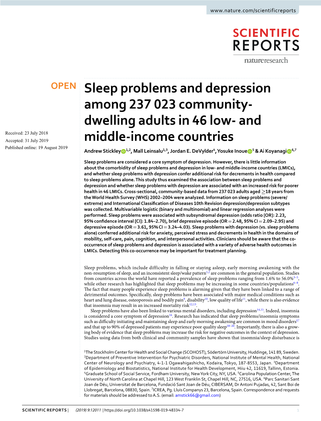 Sleep Problems and Depression Among 237 023 Community