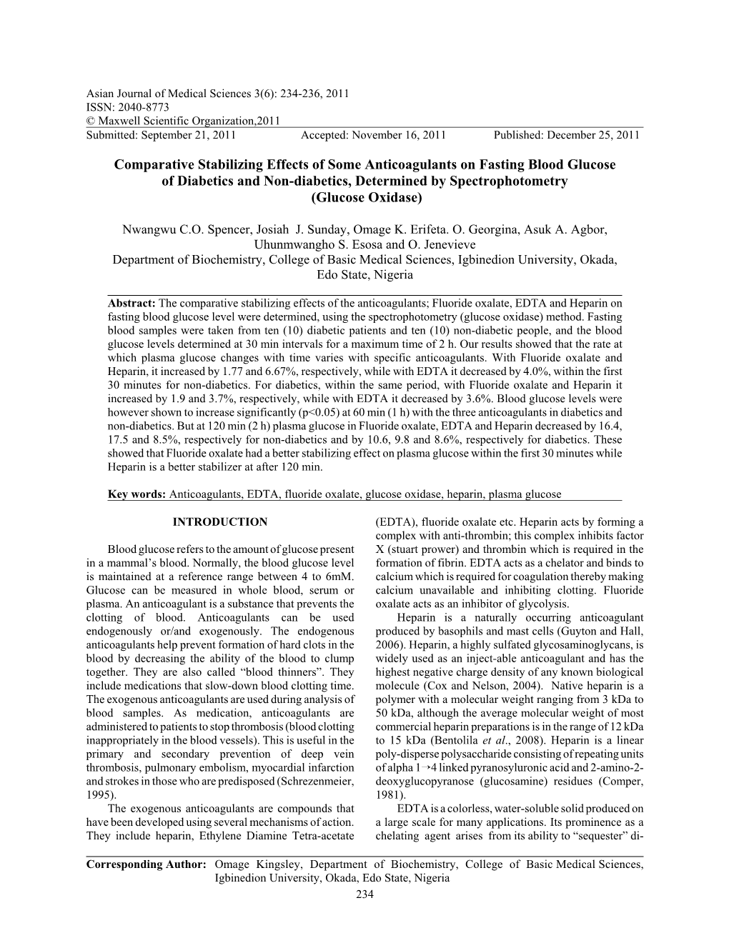 Comparative Stabilizing Effects of Some Anticoagulants on Fasting Blood Glucose of Diabetics and Non-Diabetics, Determined by Spectrophotometry (Glucose Oxidase)