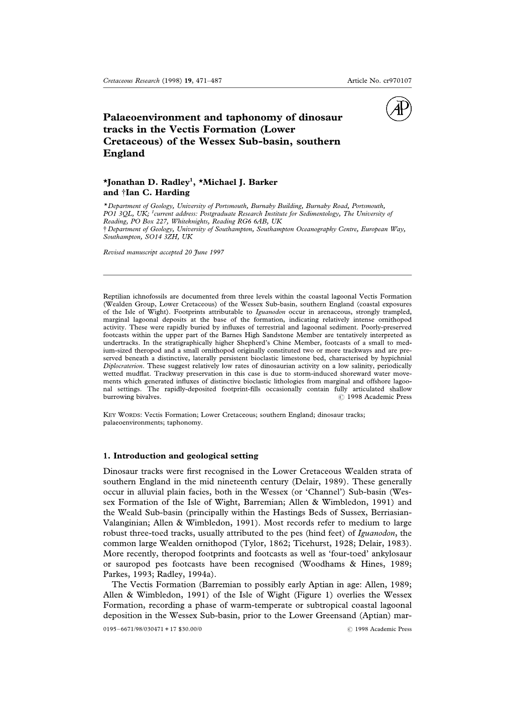 Palaeoenvironment and Taphonomy of Dinosaur Tracks in the Vectis Formation (Lower Cretaceous) of the Wessex Sub-Basin, Southern England