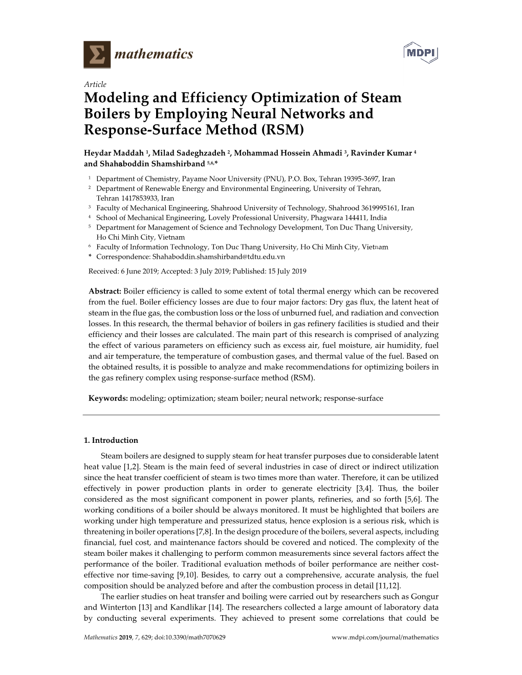 Modeling and Efficiency Optimization of Steam Boilers by Employing Neural Networks and Response-Surface Method (RSM)