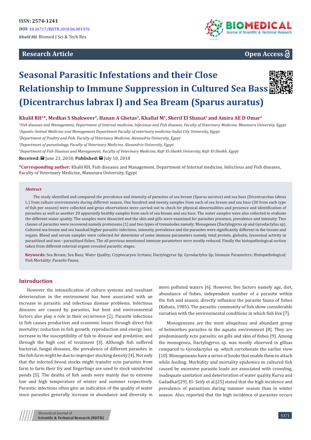 Seasonal Parasitic Infestations and Their Close Relationship to Immune Suppression in Cultured Sea Bass (Dicentrarchus Labrax L) and Sea Bream (Sparus Auratus)