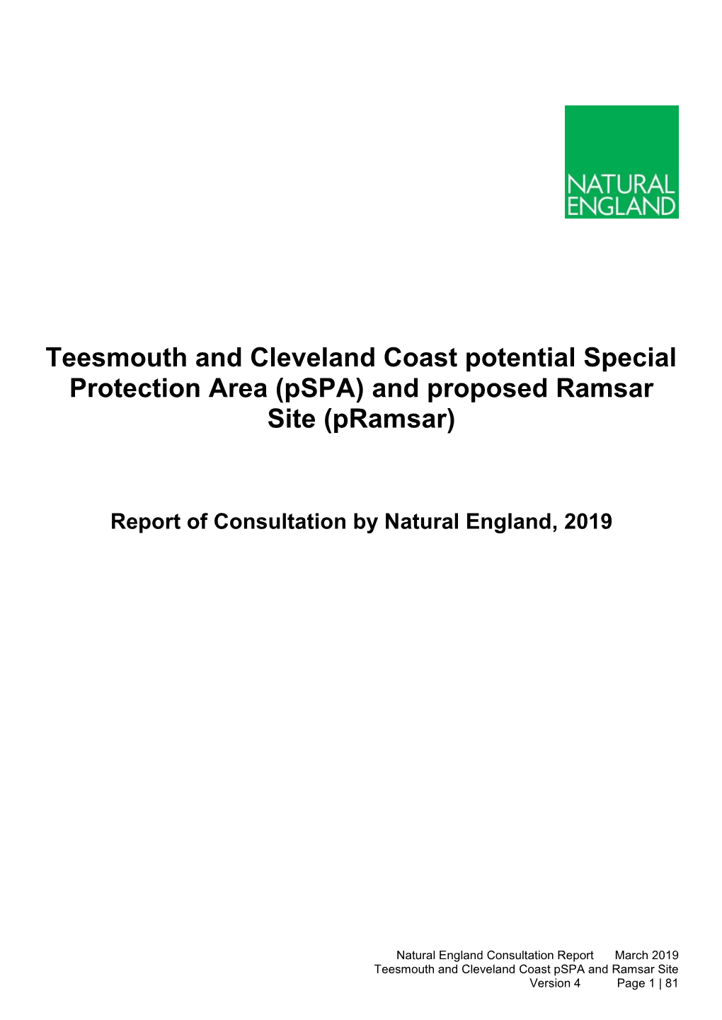 Teesmouth and Cleveland Coast Potential Special Protection Area (Pspa) and Proposed Ramsar Site (Pramsar)
