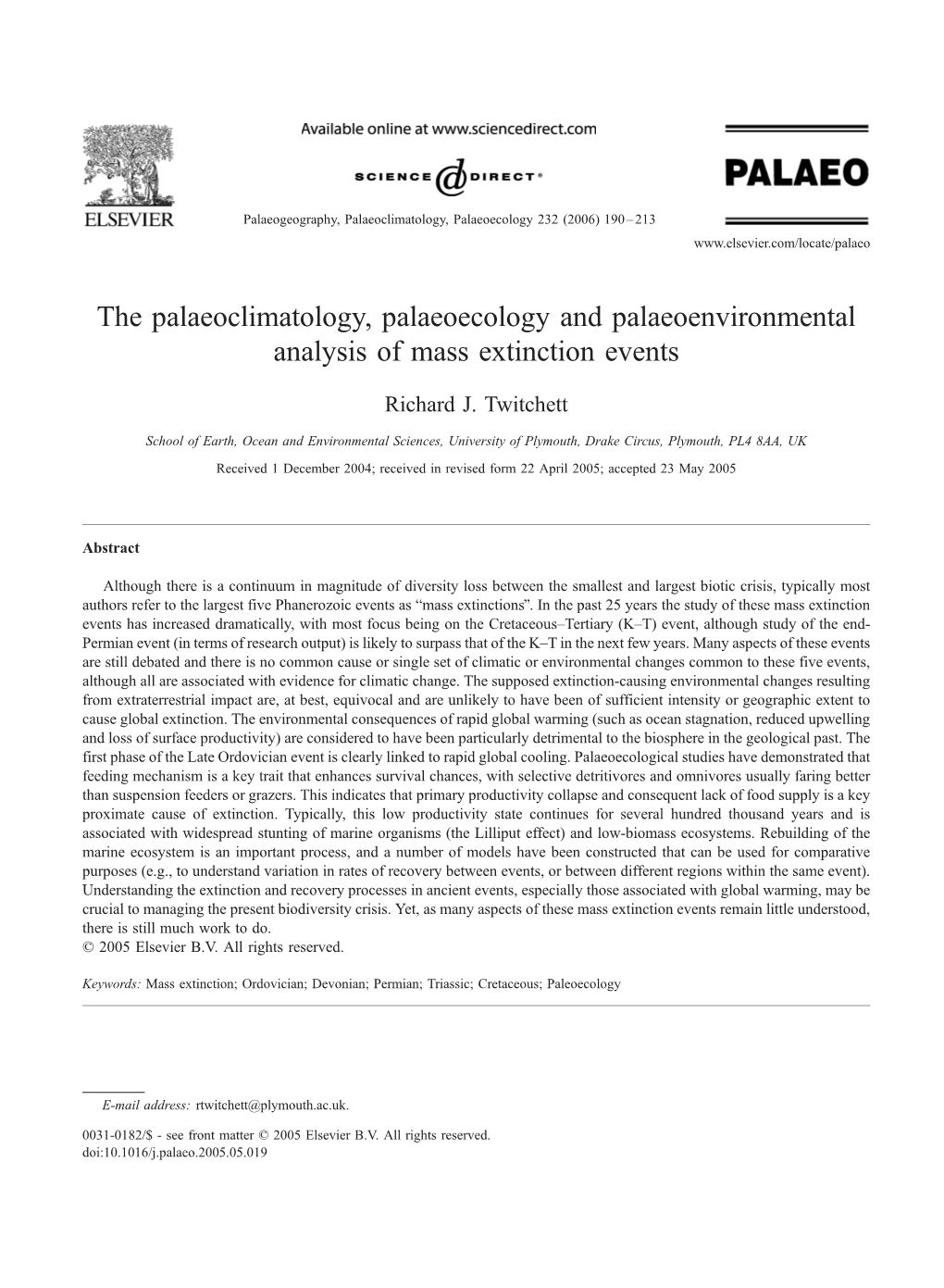 The Palaeoclimatology, Palaeoecology and Palaeoenvironmental Analysis of Mass Extinction Events