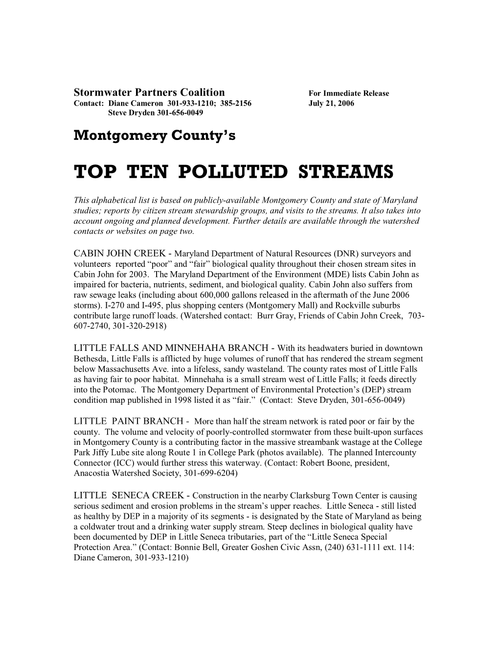 Top Ten Polluted Streams