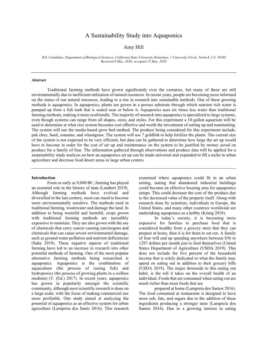 A Sustainability Study on Aquaponics