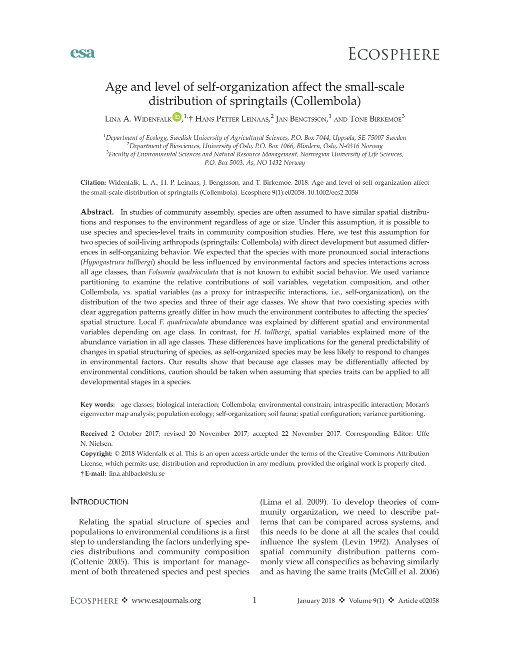 Scale Distribution of Springtails (Collembola) 1, 2 1 3 LINA A