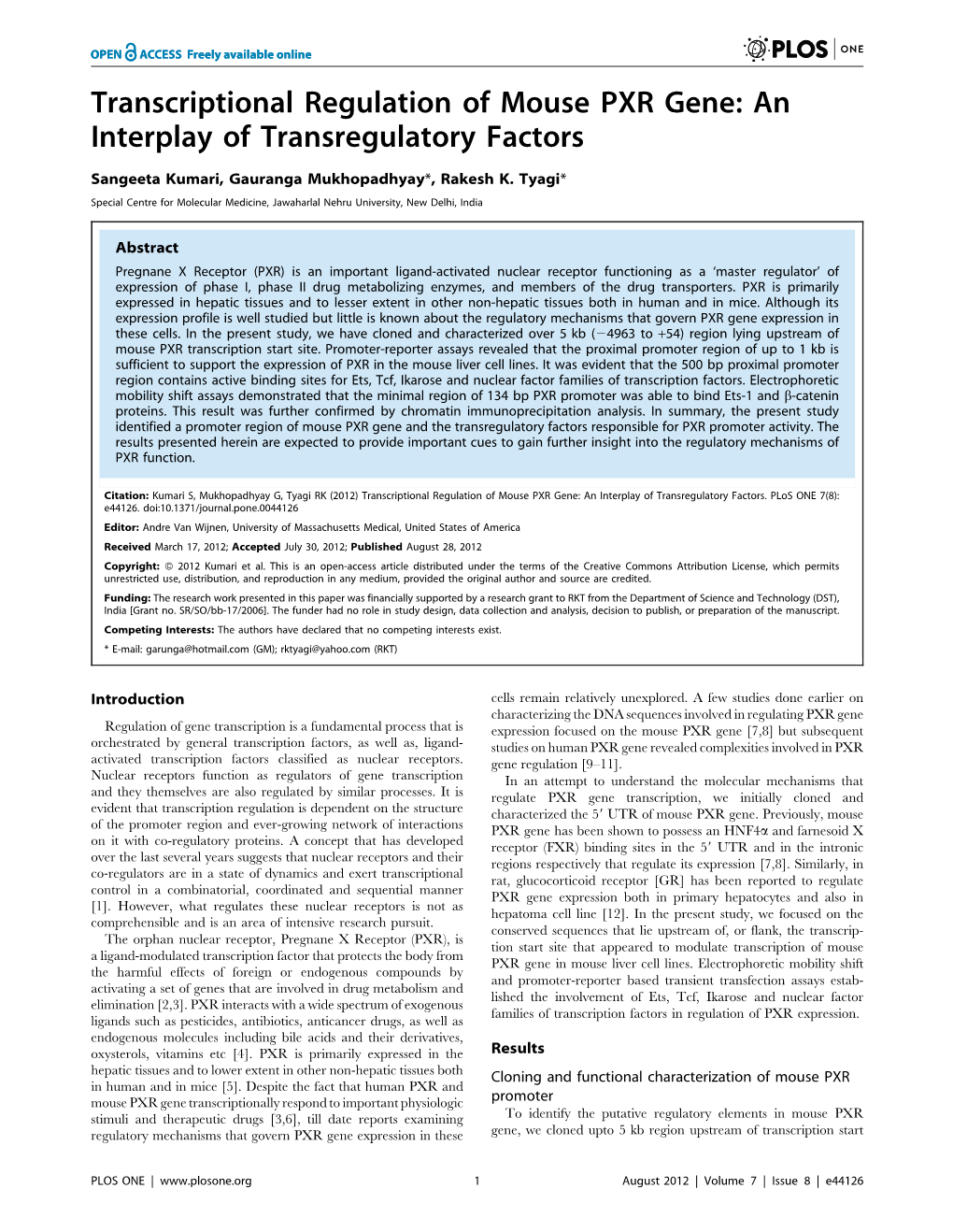 Transcriptional Regulation of Mouse PXR Gene: an Interplay of Transregulatory Factors