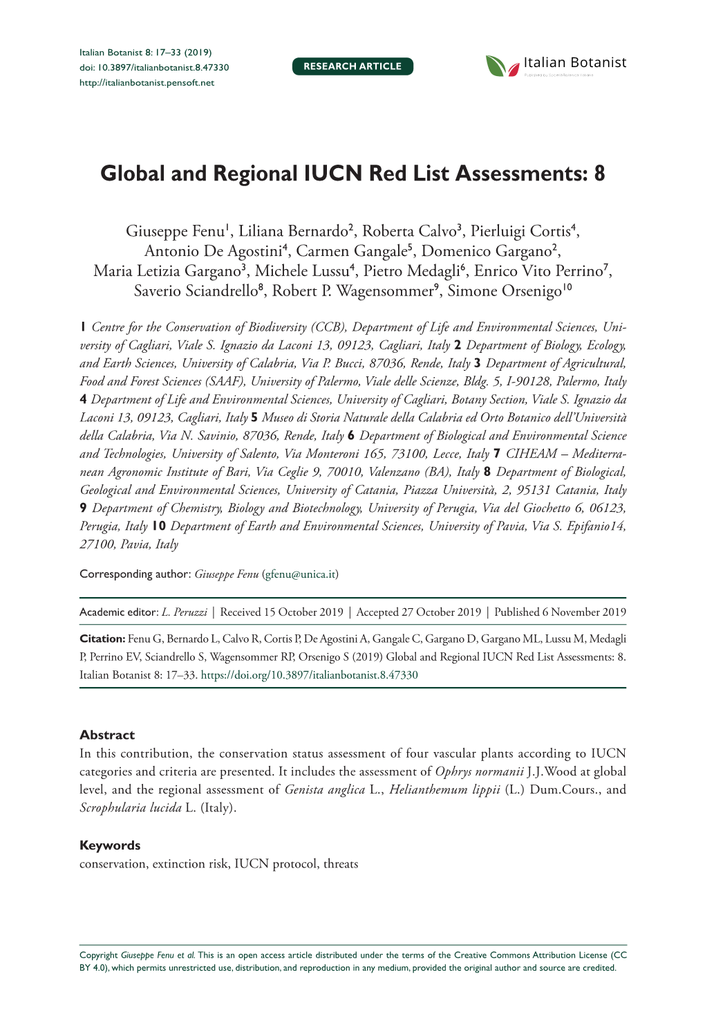 Global and Regional IUCN Red List Assessments: 8 17 Doi: 10.3897/Italianbotanist.8.47330 RESEARCH ARTICLE