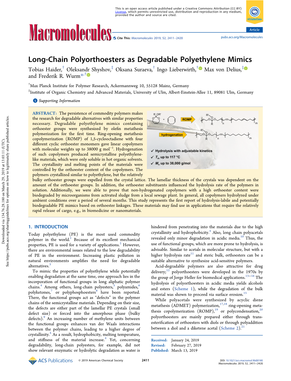 Long-Chain Polyorthoesters As Degradable Polyethylene Mimics