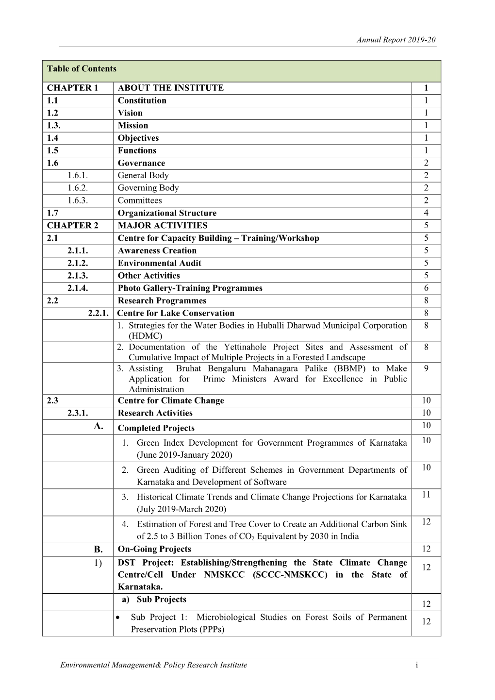 Table of Contents CHAPTER 1 ABOUT the INSTITUTE 1 1.1