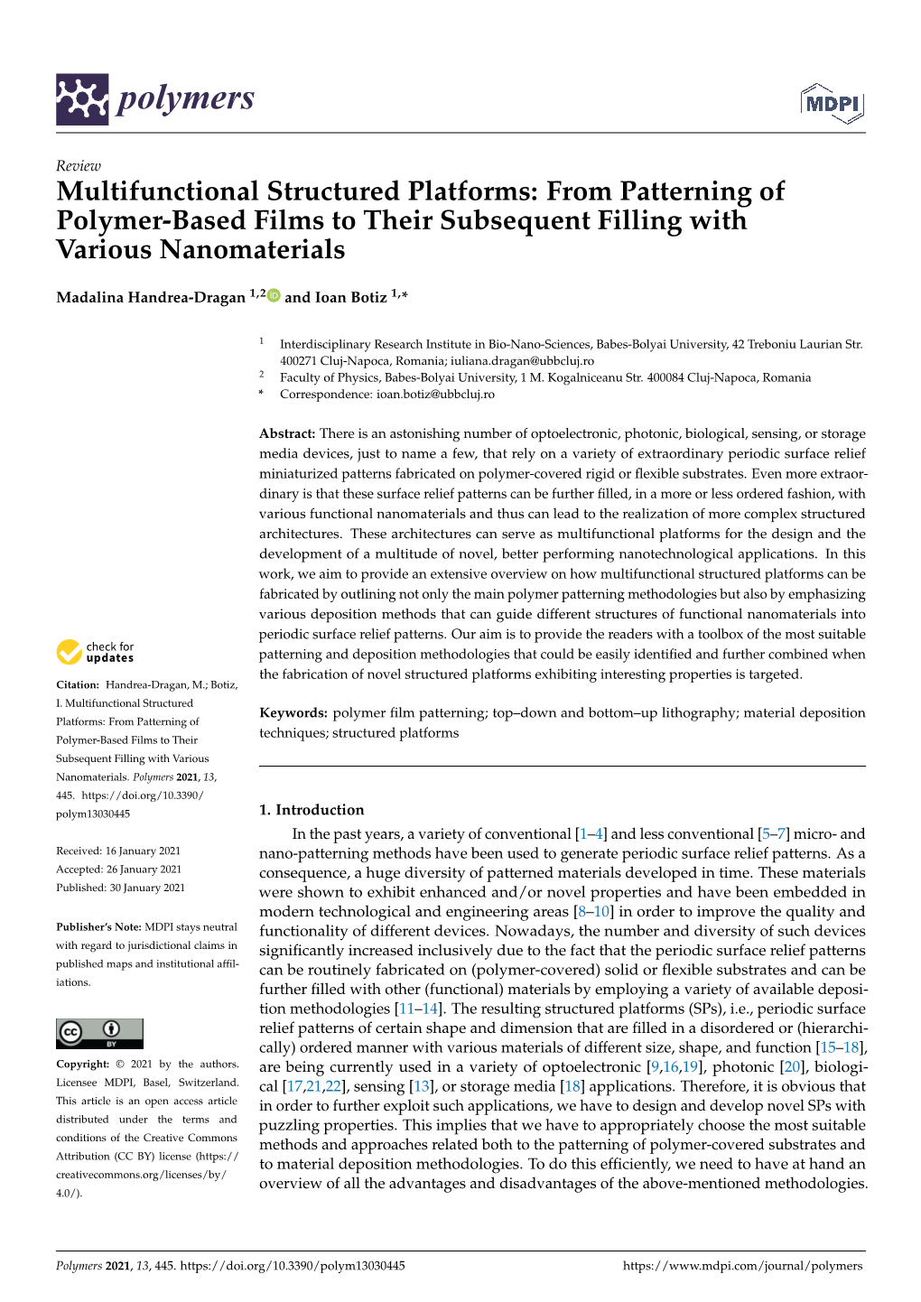 From Patterning of Polymer-Based Films to Their Subsequent Filling with Various Nanomaterials