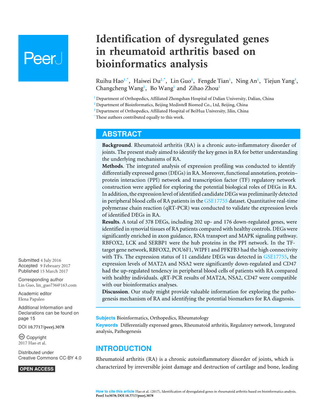 Identification of Dysregulated Genes in Rheumatoid Arthritis Based on Bioinformatics Analysis
