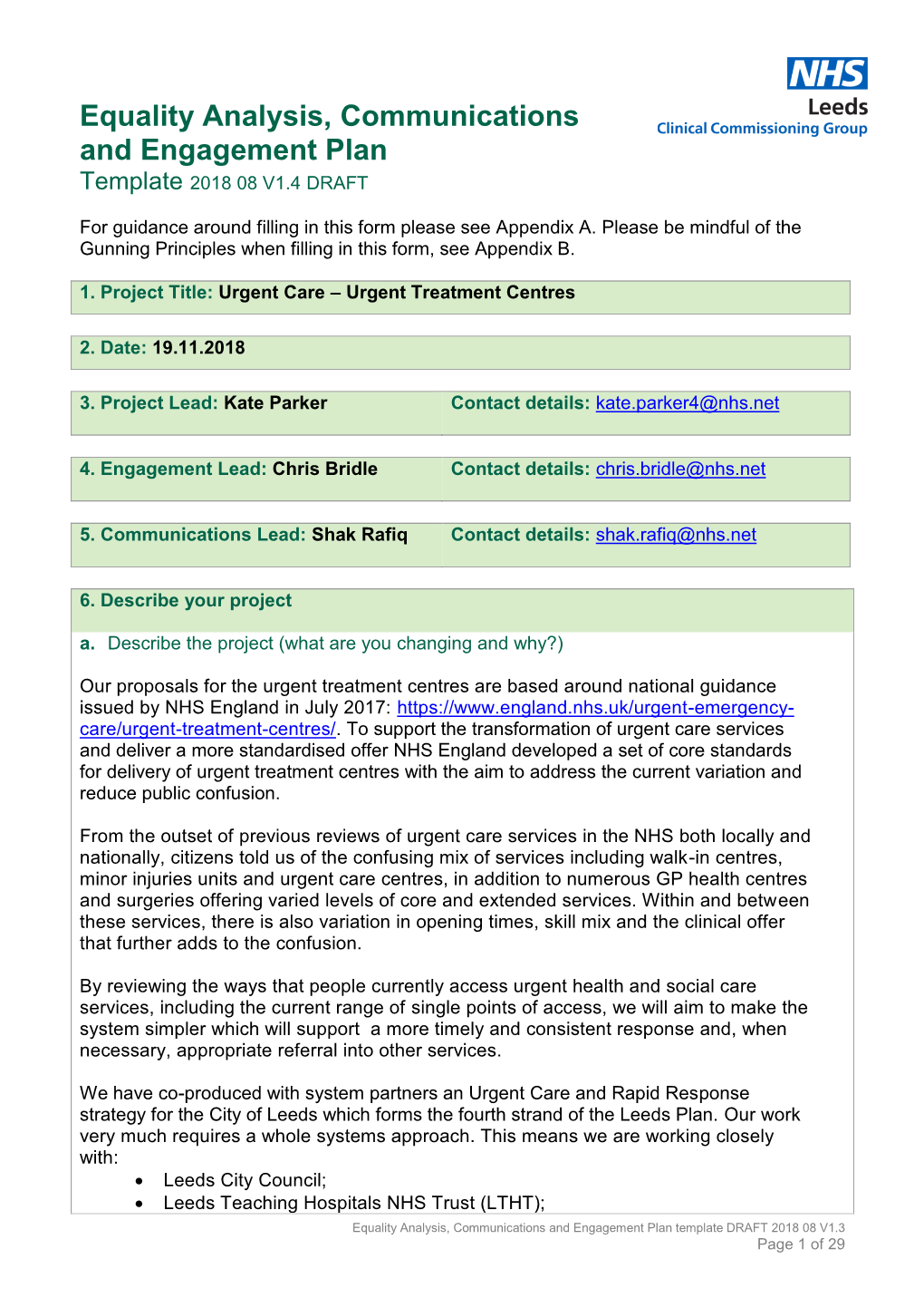 Equality Analysis, Communications and Engagement Plan Template 2018 08 V1.4 DRAFT