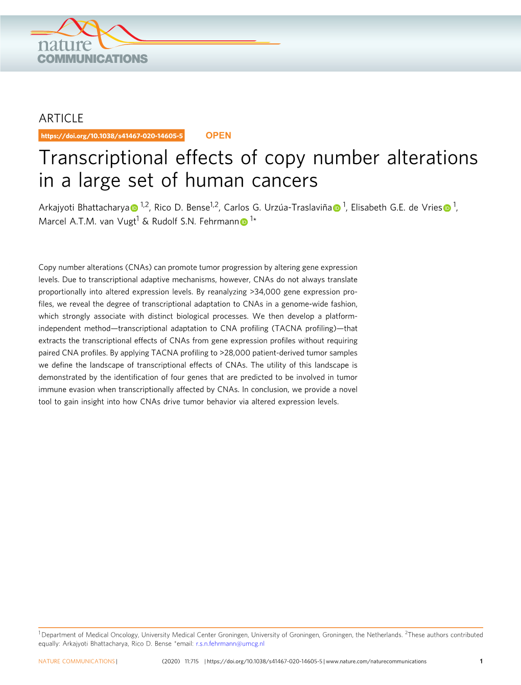 Transcriptional Effects of Copy Number Alterations in a Large Set of Human Cancers