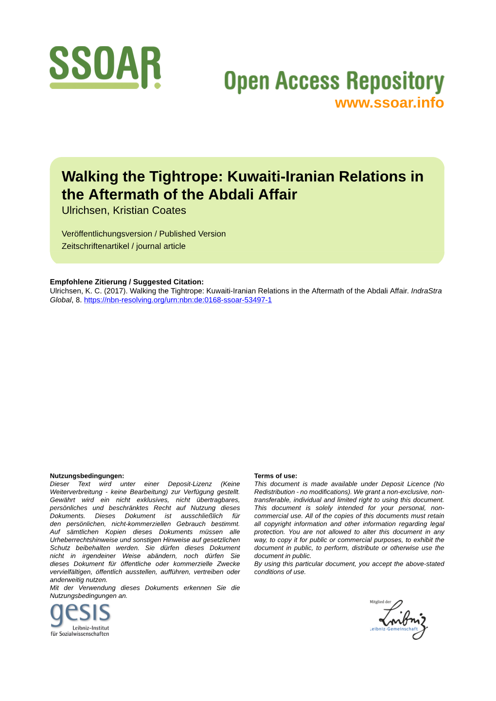 Walking the Tightrope: Kuwaiti-Iranian Relations in the Aftermath of the Abdali Affair Ulrichsen, Kristian Coates