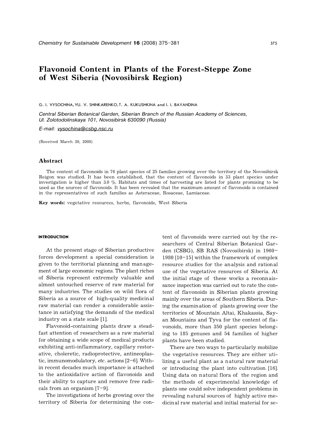 Flavonoid Content in Plants of the Forest-Steppe Zone of West Siberia (Novosibirsk Region)