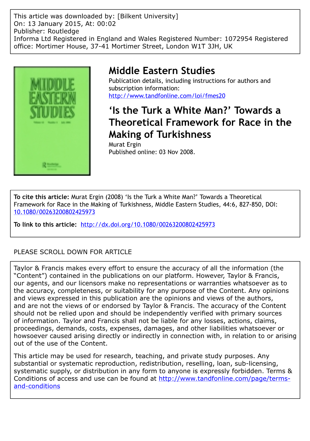 'Is the Turk a White Man?' Towards a Theoretical Framework for Race In