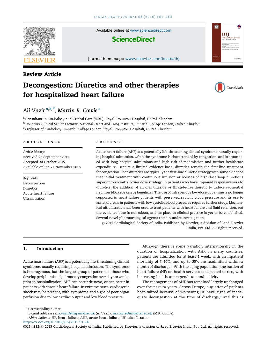 Diuretics and Other Therapies for Hospitalized Heart