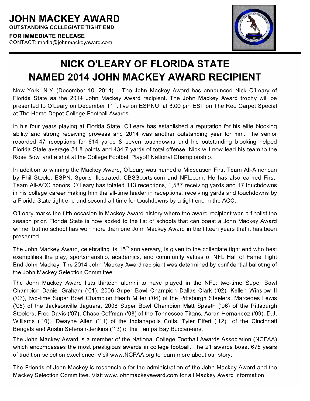 Nick O'leary of Florida State Named 2014 John Mackey