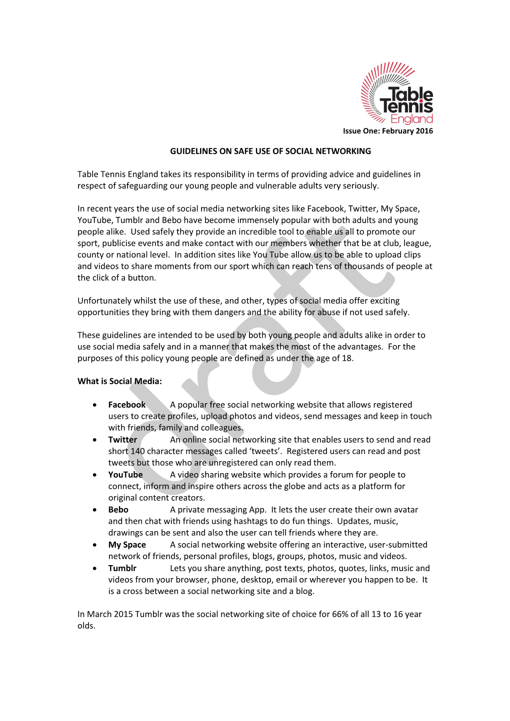 GUIDELINES on SAFE USE of SOCIAL NETWORKING Table