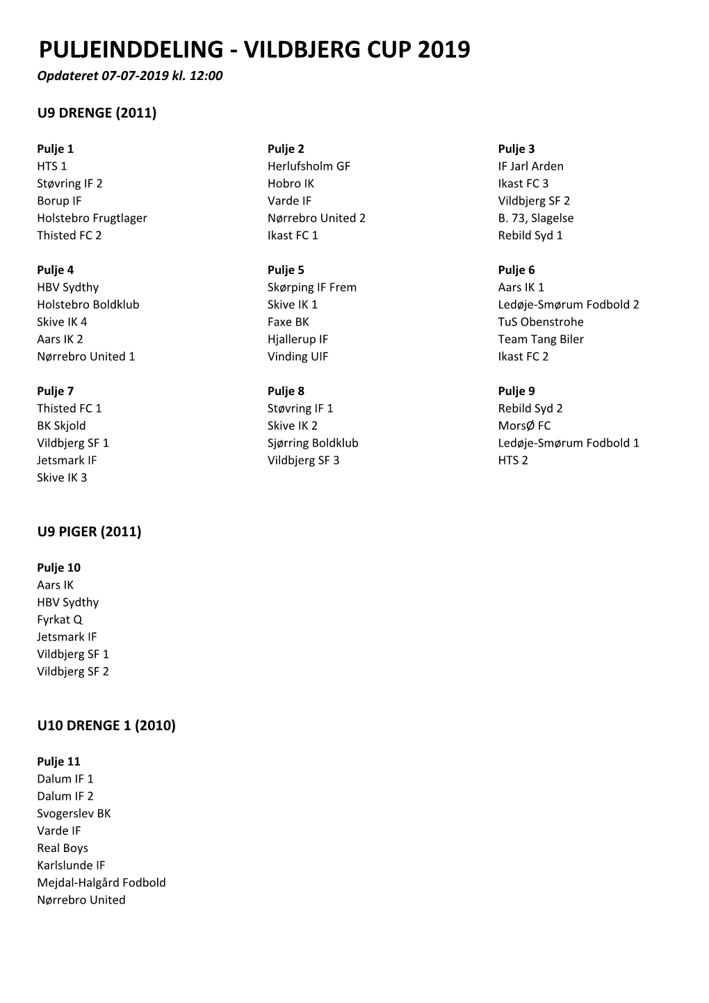 PULJEINDDELING - VILDBJERG CUP 2019 Opdateret 07-07-2019 Kl