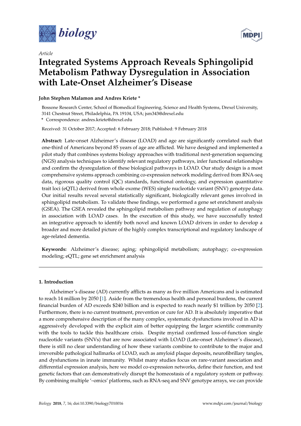 Integrated Systems Approach Reveals Sphingolipid Metabolism Pathway Dysregulation in Association with Late-Onset Alzheimer’S Disease