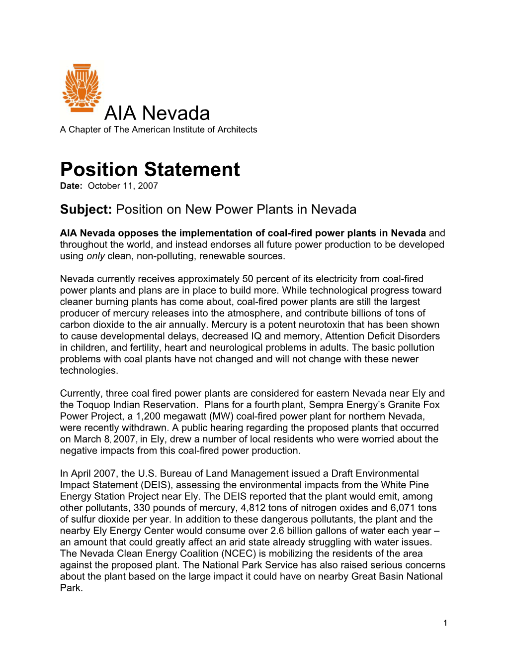 AIA Nevada Position Statement